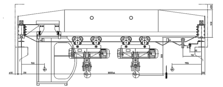 Single girder overhead crane with two electric hoists